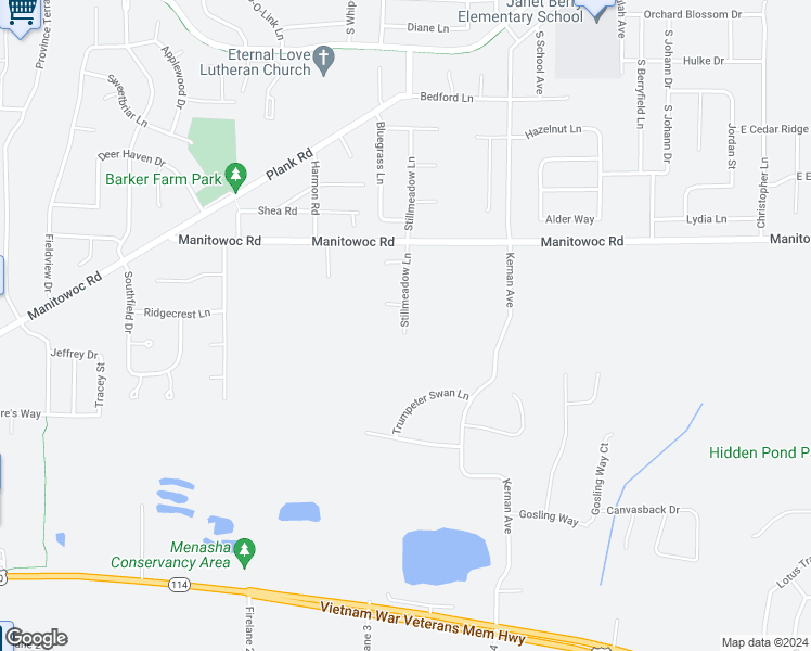 map of restaurants, bars, coffee shops, grocery stores, and more near 1087 Stillmeadow Lane in Menasha