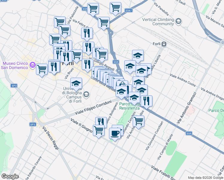 map of restaurants, bars, coffee shops, grocery stores, and more near 32 Via di Porta Cotogni in Forli