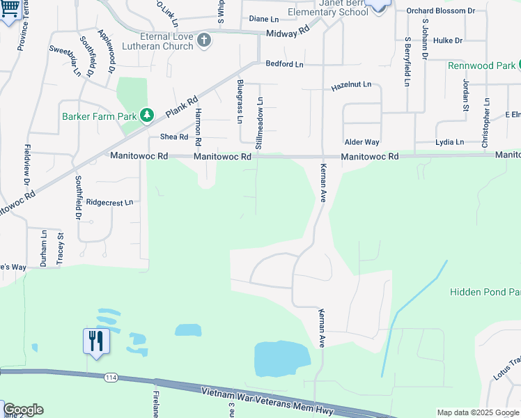 map of restaurants, bars, coffee shops, grocery stores, and more near 1073 Stillmeadow Lane in Menasha