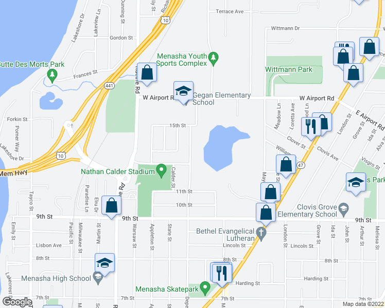 map of restaurants, bars, coffee shops, grocery stores, and more near 1213 Depere Street in Menasha
