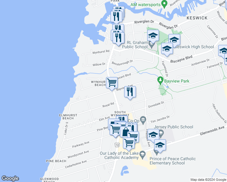 map of restaurants, bars, coffee shops, grocery stores, and more near The Queensway S & Bayview Ave in Georgina