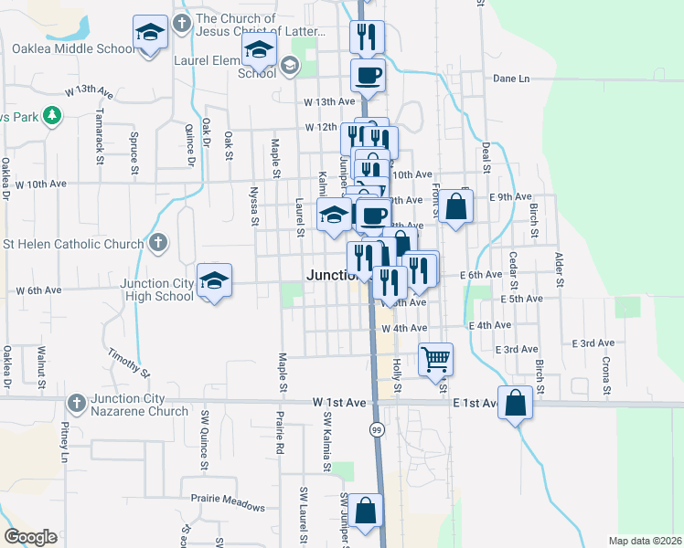 map of restaurants, bars, coffee shops, grocery stores, and more near 617 Juniper Street in Junction City