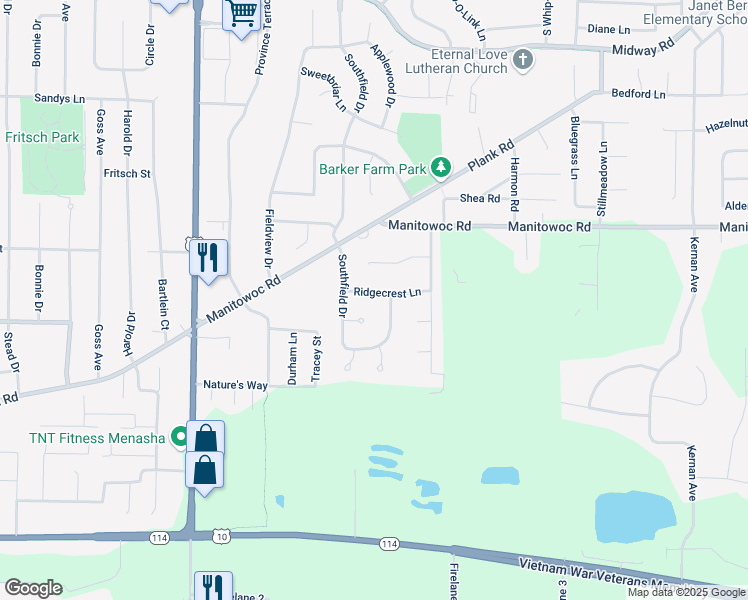 map of restaurants, bars, coffee shops, grocery stores, and more near 2098 Ridgecrest Lane in Menasha
