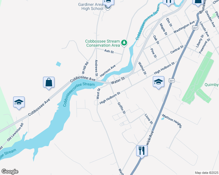 map of restaurants, bars, coffee shops, grocery stores, and more near 621 Water Street in Gardiner