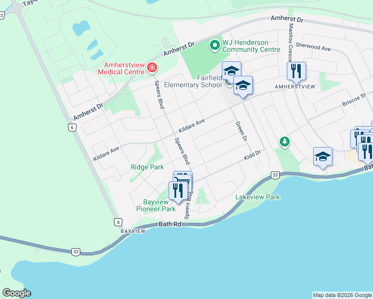 map of restaurants, bars, coffee shops, grocery stores, and more near 79 Speers Boulevard in Lennox and Addington County
