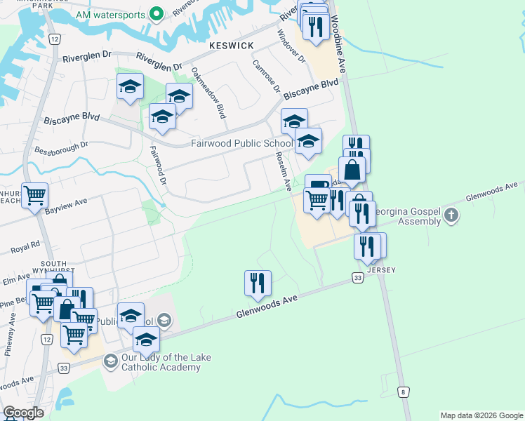 map of restaurants, bars, coffee shops, grocery stores, and more near 105 Fairwood Drive in Georgina