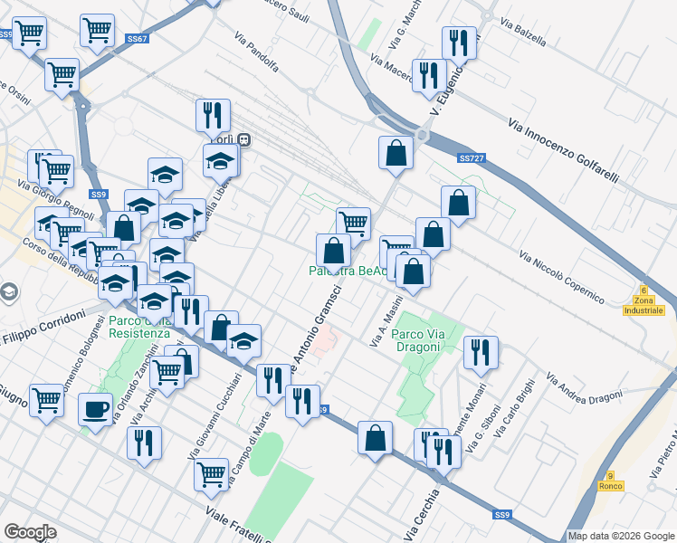 map of restaurants, bars, coffee shops, grocery stores, and more near in Forlì
