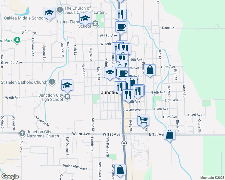 map of restaurants, bars, coffee shops, grocery stores, and more near in Junction City