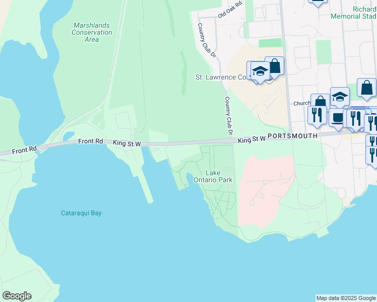 map of restaurants, bars, coffee shops, grocery stores, and more near 1000 King Street West in Kingston