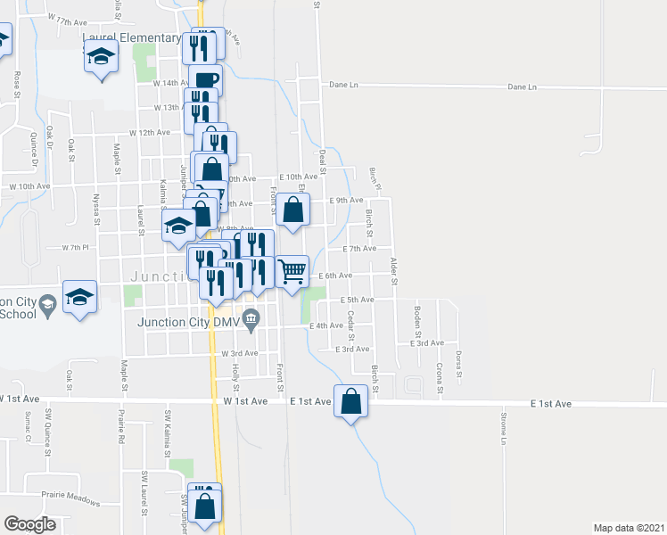map of restaurants, bars, coffee shops, grocery stores, and more near 675 Cedar Street in Junction City