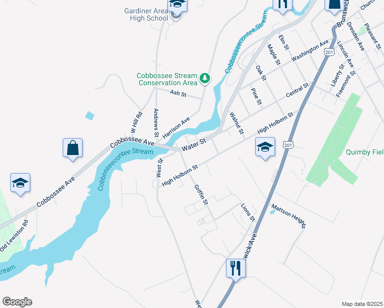 map of restaurants, bars, coffee shops, grocery stores, and more near 604 Water Street in Gardiner
