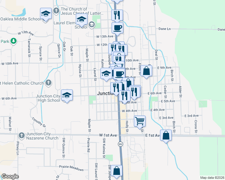 map of restaurants, bars, coffee shops, grocery stores, and more near 648 Juniper Street in Junction City