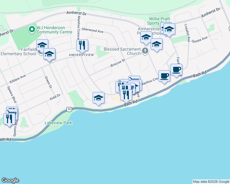 map of restaurants, bars, coffee shops, grocery stores, and more near 15 Manitou Crescent West in Lennox and Addington County