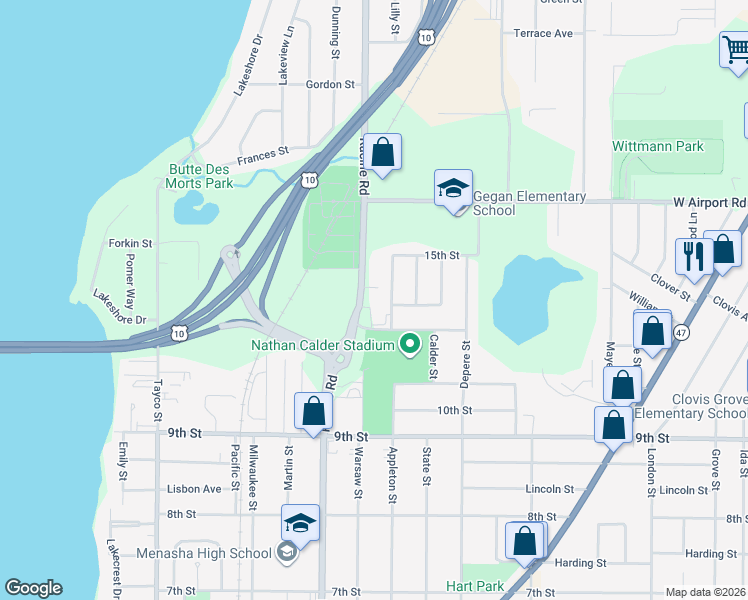 map of restaurants, bars, coffee shops, grocery stores, and more near 1121 Racine Road in Menasha
