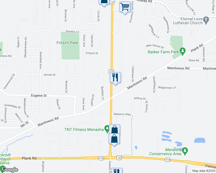 map of restaurants, bars, coffee shops, grocery stores, and more near 1110 Oneida Street in Menasha