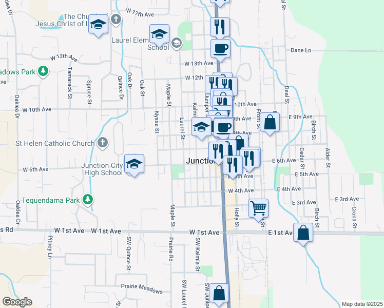 map of restaurants, bars, coffee shops, grocery stores, and more near 671 Kalmia Street in Junction City