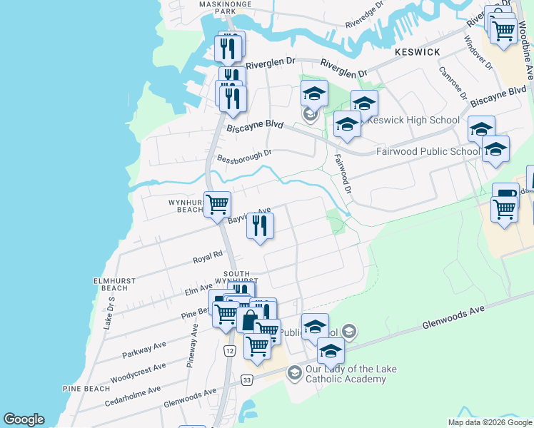map of restaurants, bars, coffee shops, grocery stores, and more near 159 Bayview Avenue in Georgina