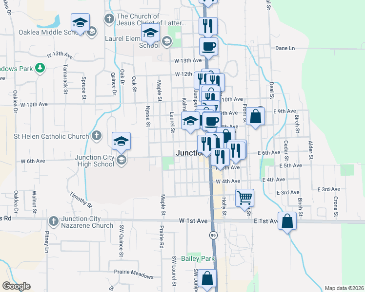 map of restaurants, bars, coffee shops, grocery stores, and more near 671 Kalmia Street in Junction City