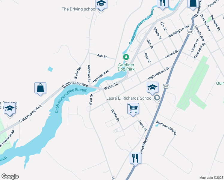 map of restaurants, bars, coffee shops, grocery stores, and more near 604 Water Street in Gardiner