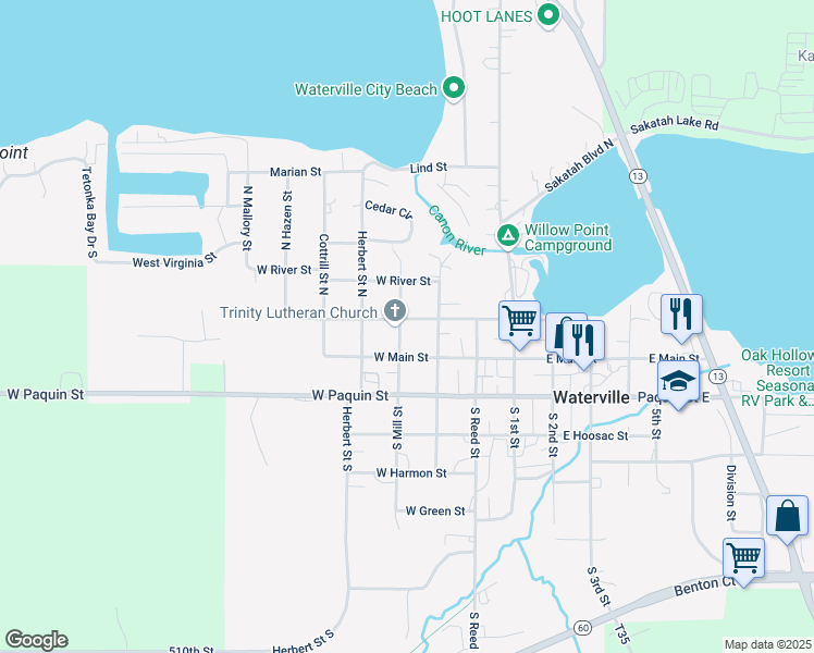 map of restaurants, bars, coffee shops, grocery stores, and more near 320 West Lake Street in Waterville