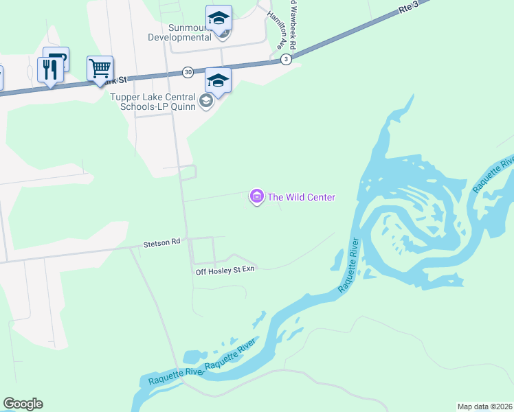 map of restaurants, bars, coffee shops, grocery stores, and more near 45 Museum Drive in Tupper Lake