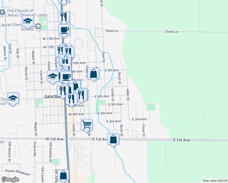 map of restaurants, bars, coffee shops, grocery stores, and more near 675 Cedar Street in Junction City