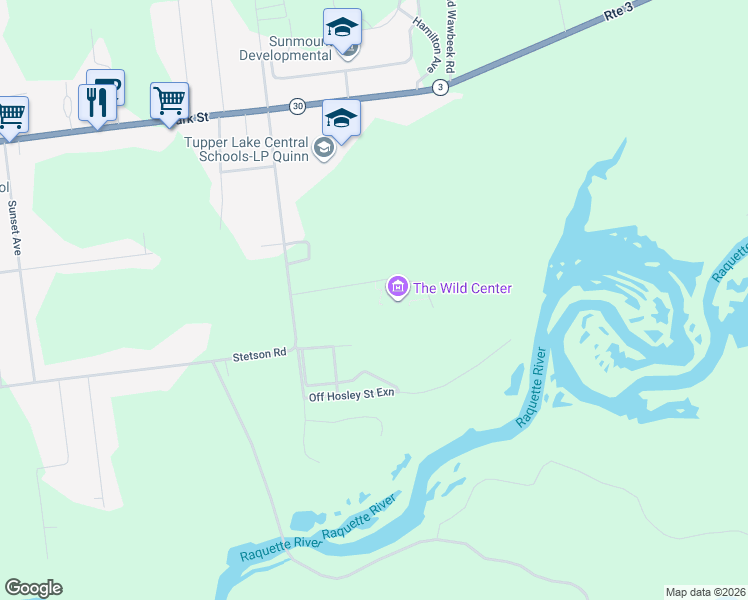 map of restaurants, bars, coffee shops, grocery stores, and more near 45 Museum Drive in Tupper Lake
