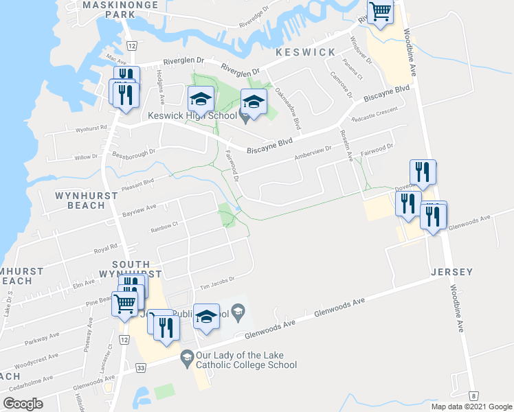 map of restaurants, bars, coffee shops, grocery stores, and more near 49 Fairwood Drive in Georgina