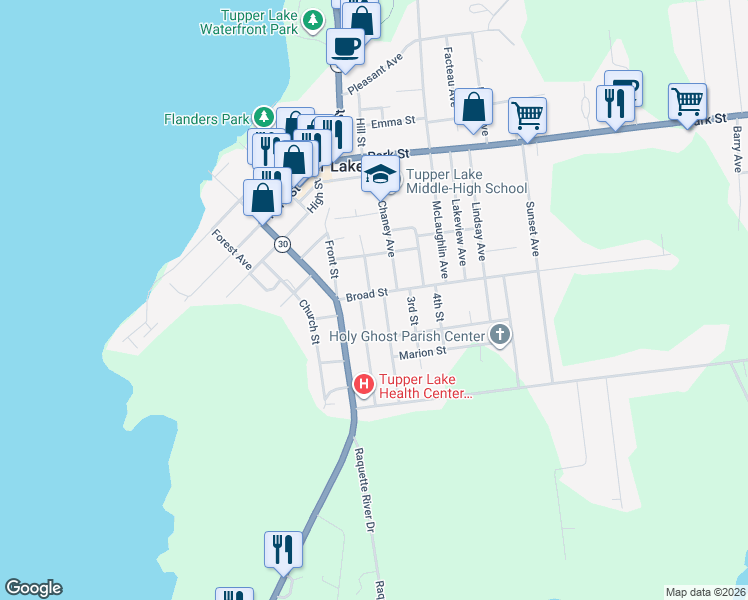map of restaurants, bars, coffee shops, grocery stores, and more near 22 Broad St in Tupper Lake