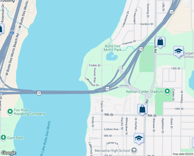map of restaurants, bars, coffee shops, grocery stores, and more near 1108 Tayco Street in Menasha