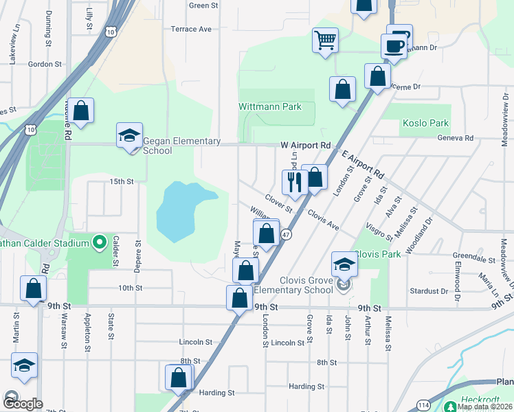 map of restaurants, bars, coffee shops, grocery stores, and more near 926 William Street in Menasha