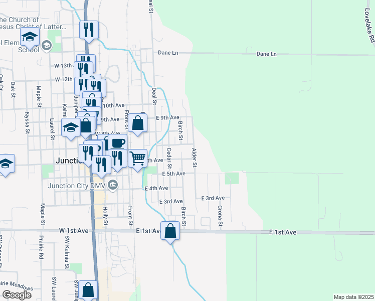 map of restaurants, bars, coffee shops, grocery stores, and more near 500 East 6th Avenue in Junction City
