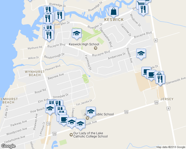 map of restaurants, bars, coffee shops, grocery stores, and more near 49 Fairwood Drive in Georgina