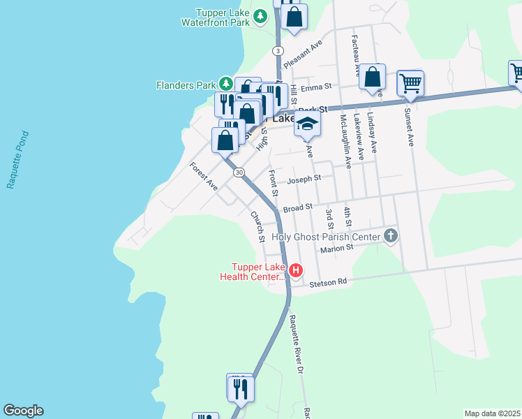map of restaurants, bars, coffee shops, grocery stores, and more near 21 Church Street in Tupper Lake