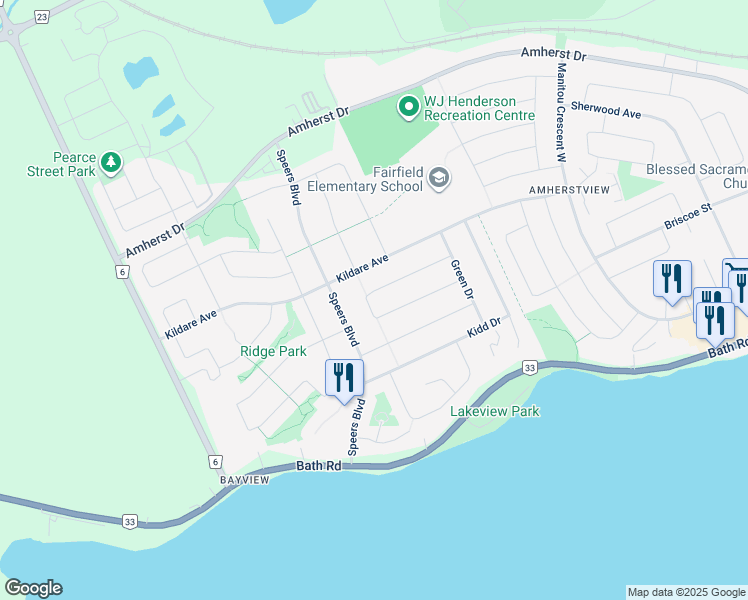 map of restaurants, bars, coffee shops, grocery stores, and more near 66 Nicholson Crescent in Lennox and Addington County