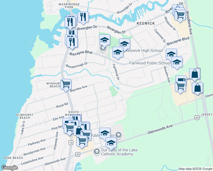 map of restaurants, bars, coffee shops, grocery stores, and more near 111 Bayview Avenue in Georgina