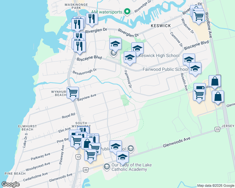 map of restaurants, bars, coffee shops, grocery stores, and more near 111 Bayview Avenue in Georgina