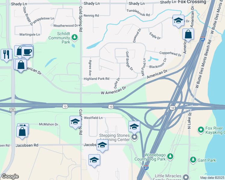 map of restaurants, bars, coffee shops, grocery stores, and more near 1588 Delta Drive in Neenah
