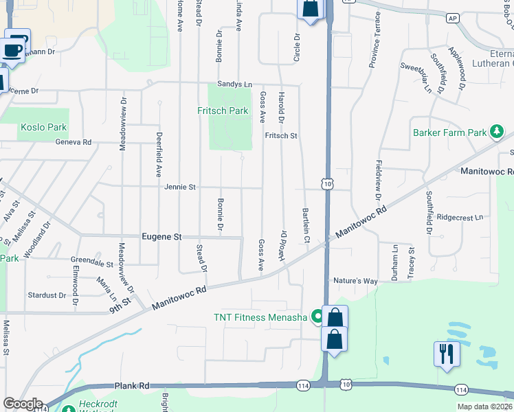 map of restaurants, bars, coffee shops, grocery stores, and more near 1134 Goss Avenue in Menasha