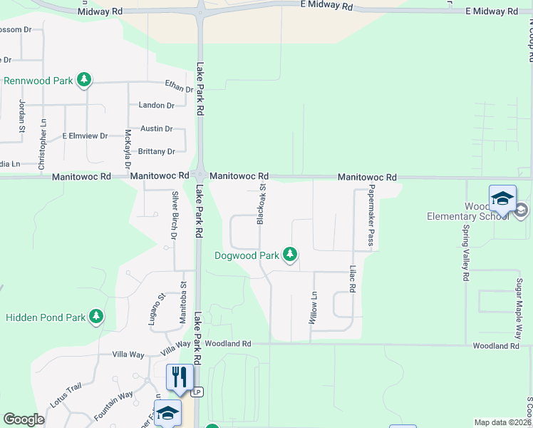 map of restaurants, bars, coffee shops, grocery stores, and more near N9052 Blackoak Street in Menasha