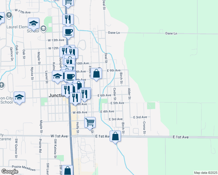 map of restaurants, bars, coffee shops, grocery stores, and more near 720 Elm Street in Junction City