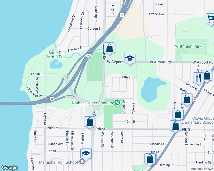 map of restaurants, bars, coffee shops, grocery stores, and more near 1121 Racine Road in Menasha