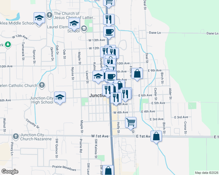map of restaurants, bars, coffee shops, grocery stores, and more near 709 Ivy St in Junction City