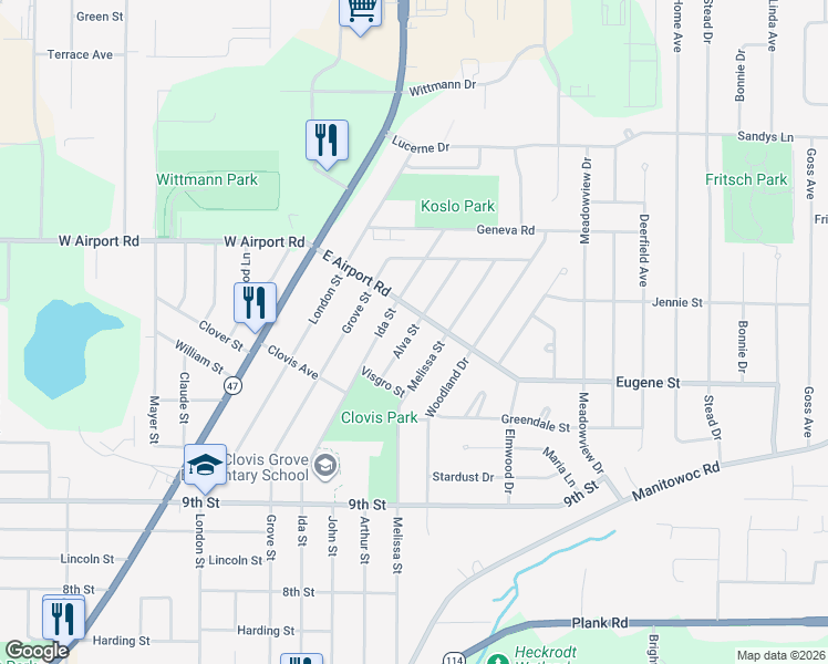 map of restaurants, bars, coffee shops, grocery stores, and more near 1045 Alva Street in Menasha