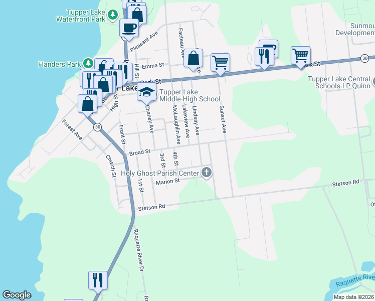 map of restaurants, bars, coffee shops, grocery stores, and more near 50 Broad Street in Tupper Lake