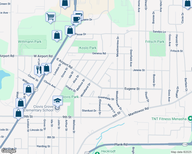 map of restaurants, bars, coffee shops, grocery stores, and more near 1113 Woodland Drive in Menasha