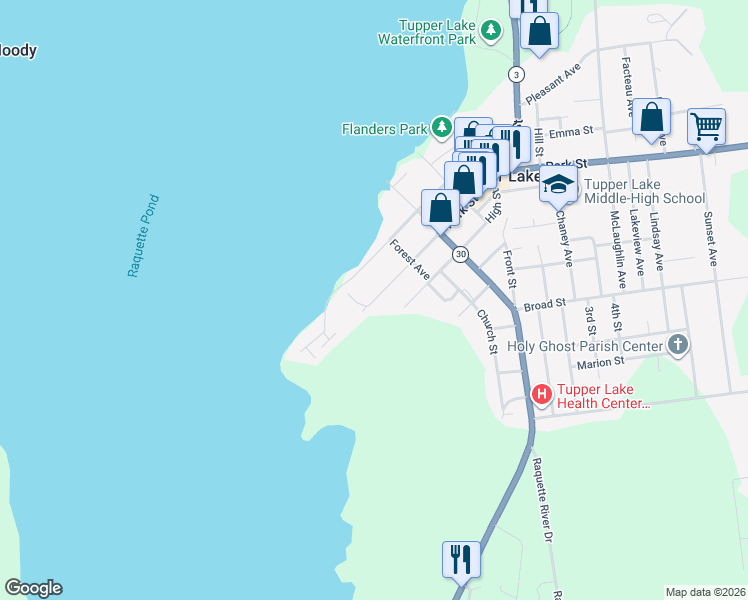 map of restaurants, bars, coffee shops, grocery stores, and more near W Park St in Tupper Lake