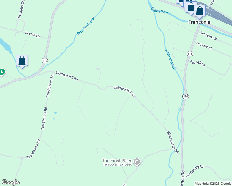 map of restaurants, bars, coffee shops, grocery stores, and more near 357 Bickford Hill Road in Franconia