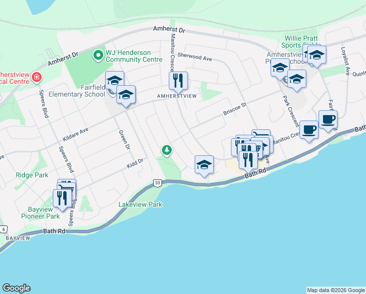 map of restaurants, bars, coffee shops, grocery stores, and more near 30 Oxford Crescent in Loyalist
