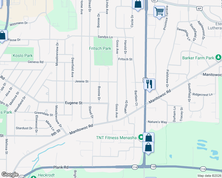 map of restaurants, bars, coffee shops, grocery stores, and more near 1134 Goss Avenue in Menasha